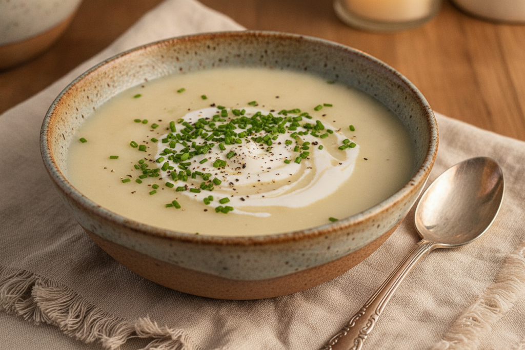 bowl of creamy potato soup with fresh chives and black pepper