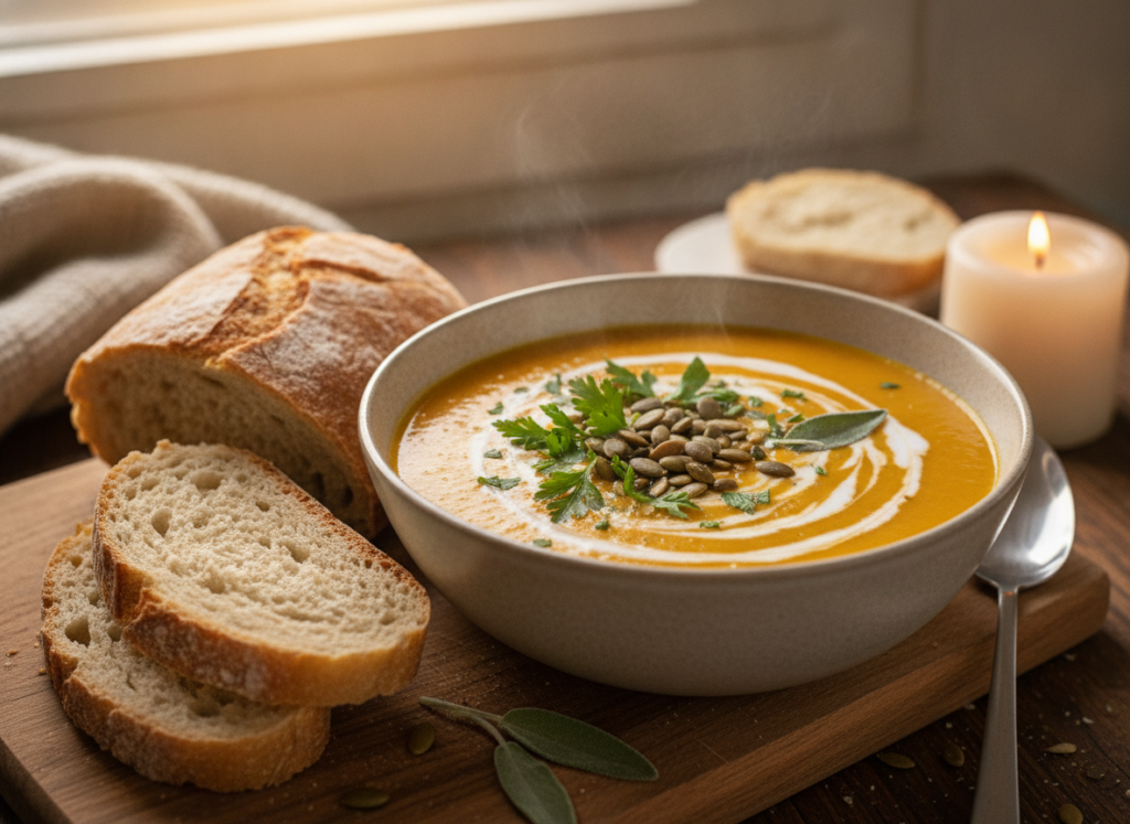 bowl of creamy vegan soup with garnish bowl of creamy vegan soup with garnish