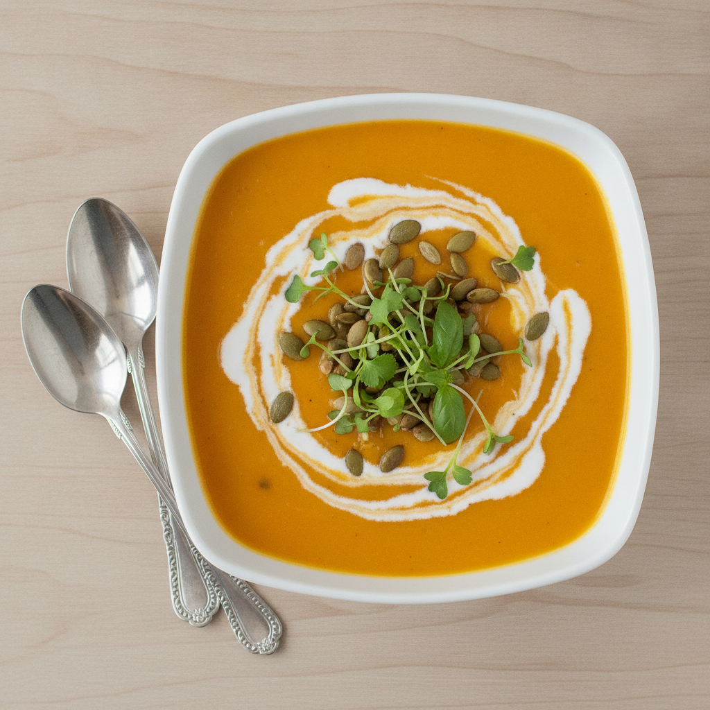 bowl of orange sweet potato soup with garnishes