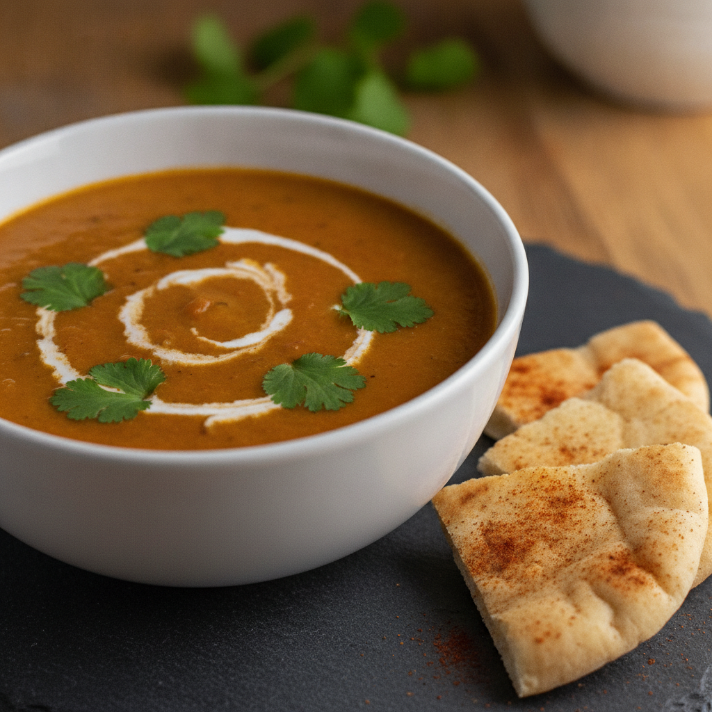 bowl of red lentil soup garnished with herbs and coconut cream