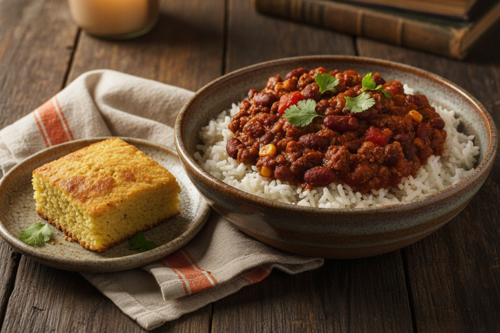 bowl of vegan chili served over rice with cornbread on side