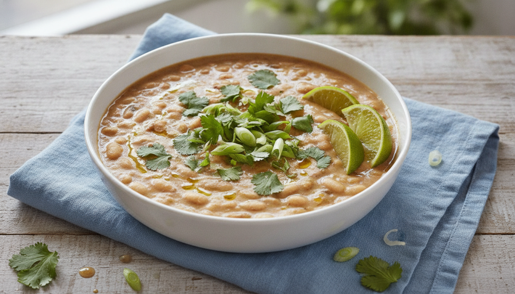 bowl of white bean vegan chili with green toppings