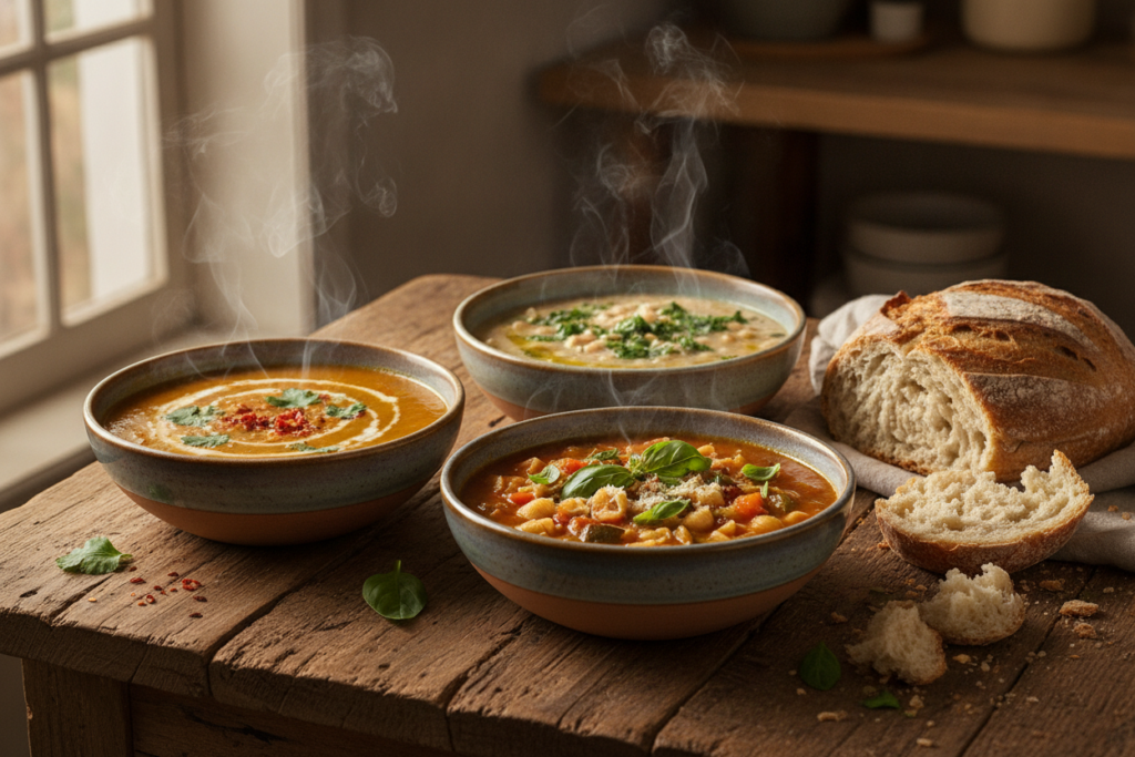 bowls of different vegan soups including lentil minestrone and bean varieties