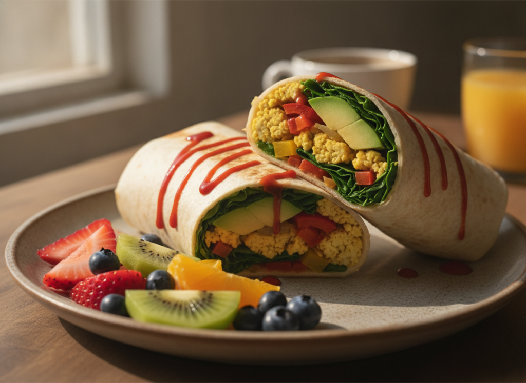 breakfast wrap with tofu scramble and vegetables