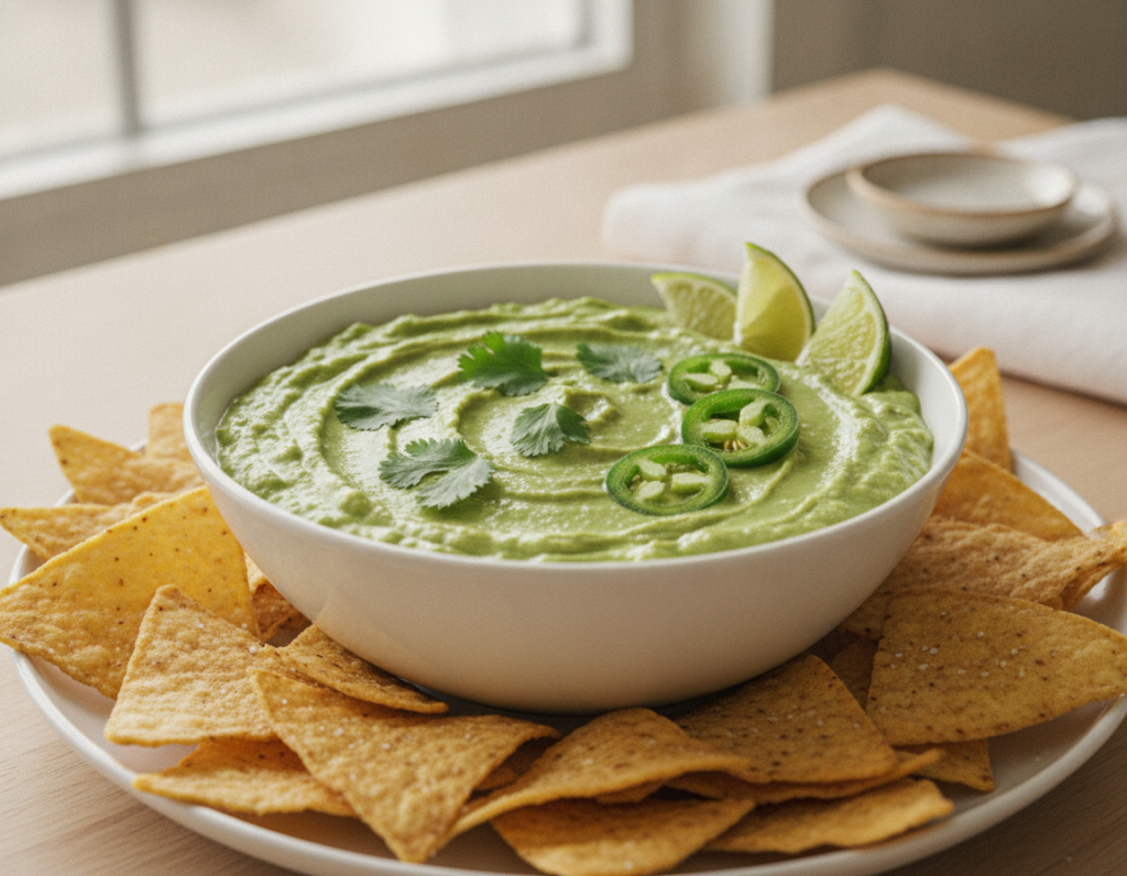 bright green avocado dip garnished with cilantro leaves bright green avocado dip garnished with cilantro leaves