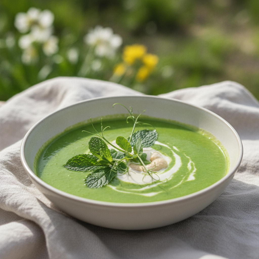 bright green spring pea soup with mint garnish