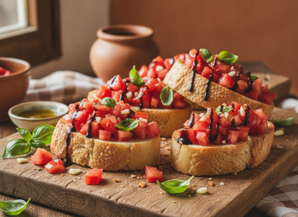 bruschetta topped with tomatoes and basil on wooden board bruschetta topped with tomatoes and basil on wooden board