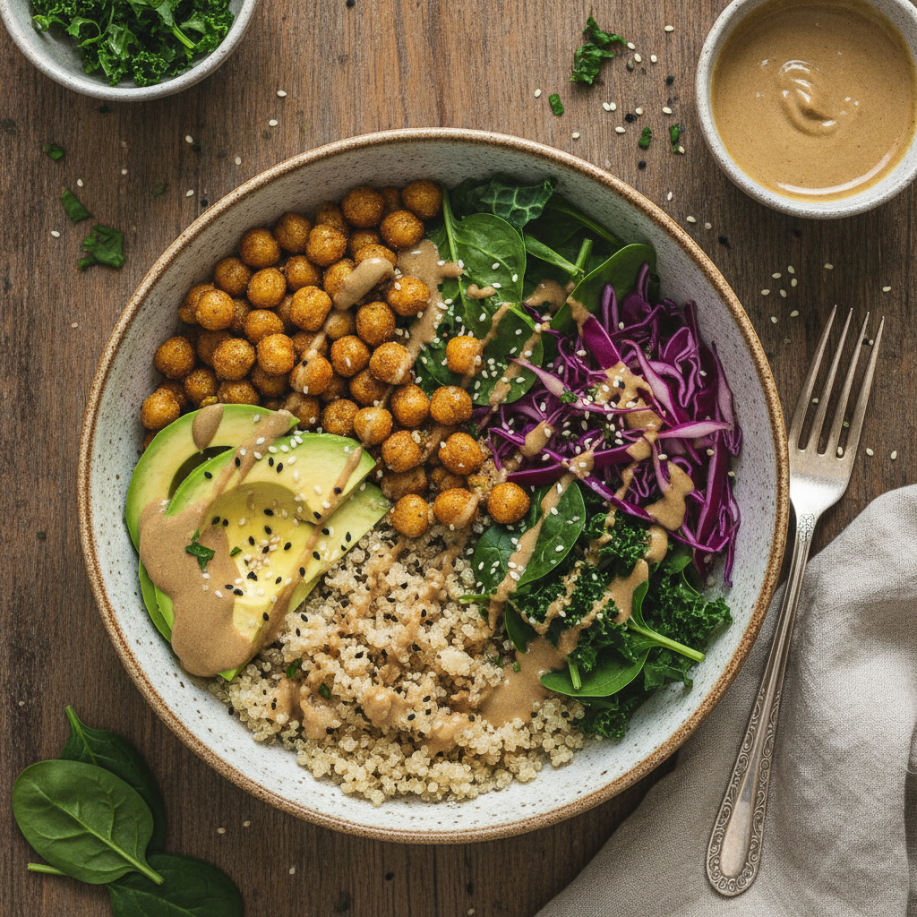 buddha bowl with quinoa roasted chickpeas avocado leafy greens and tahini dressing