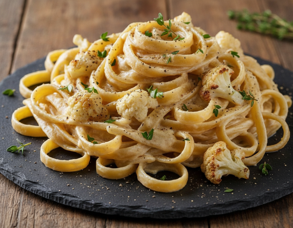cauliflower alfredo pasta with garnish on elegant plate