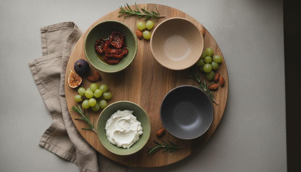 charcuterie board with bowls as anchors charcuterie board with bowls as anchors