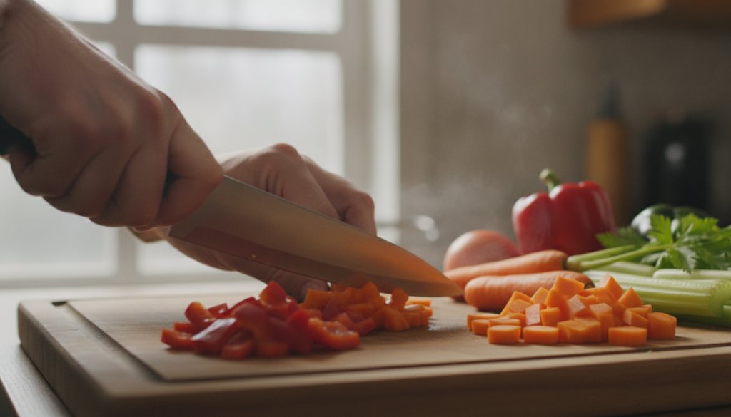 chef hands chopping vegetables on wooden cutting board