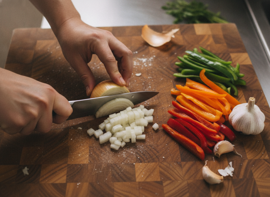 chef hands dicing vegetables with sharp knife on wooden board