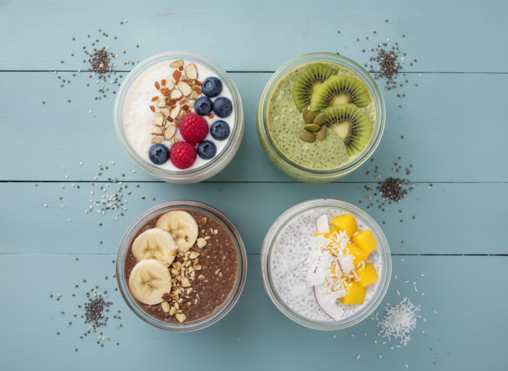 chia pudding in small glass jars with various toppings