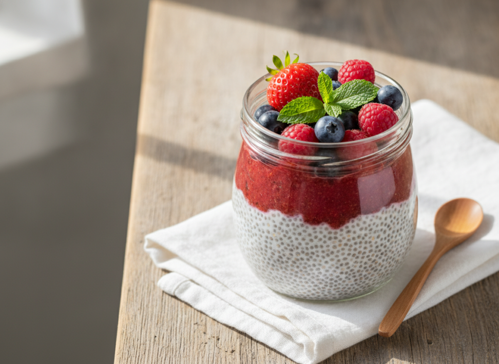 chia seed pudding topped with fresh berries in glass jar chia seed pudding topped with fresh berries in glass jar