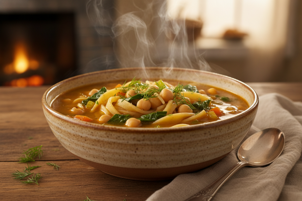 chickpea noodle soup in bowl chickpea noodle soup in bowl