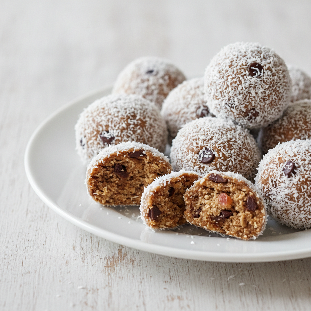 chocolate chip energy bites on a white plate