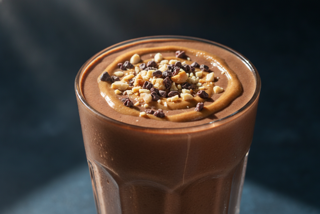 chocolate protein smoothie in a glass with peanut butter drizzle