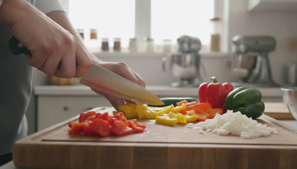 chopping vegetables on cutting board for vegan chili preparation