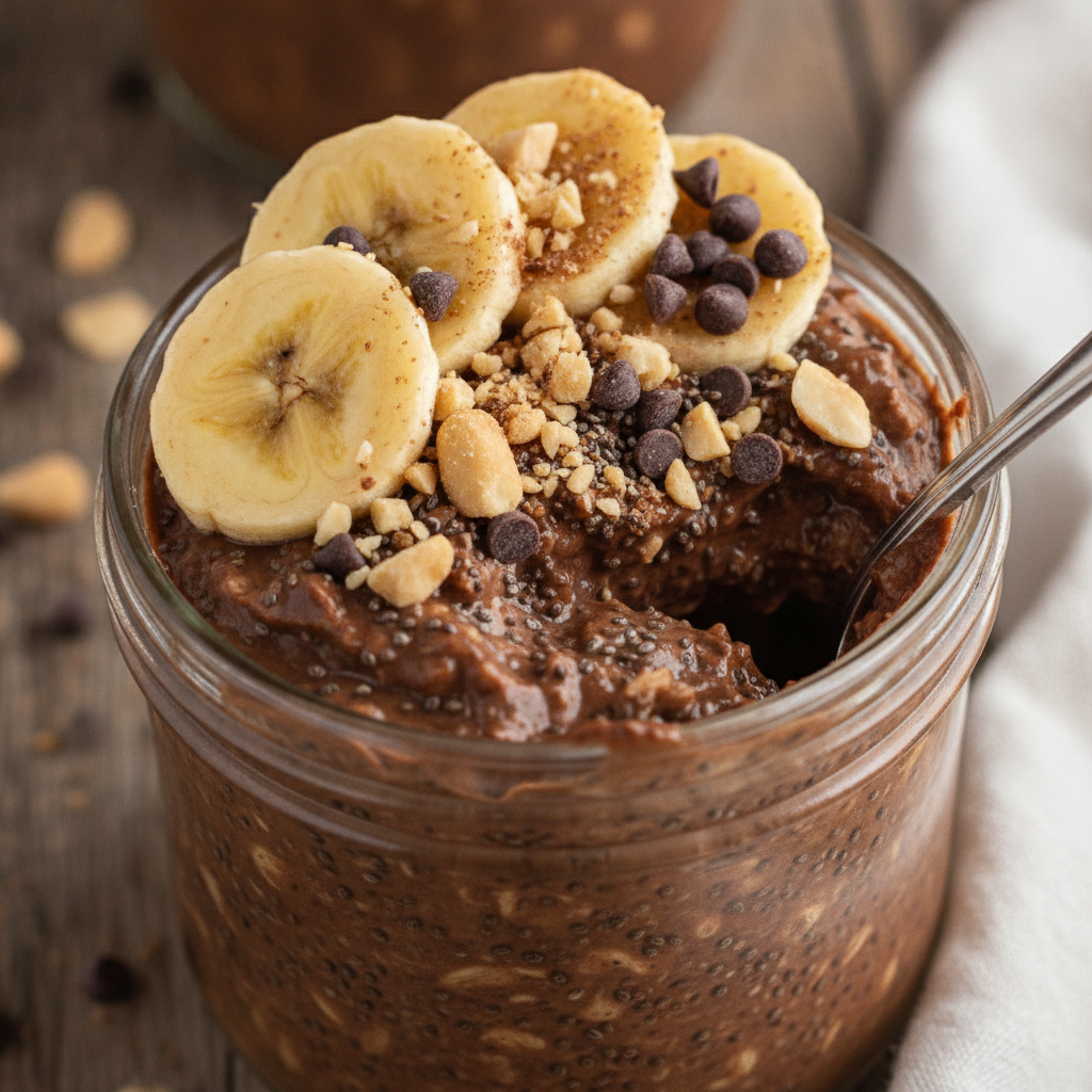 close-up of chocolate peanut butter overnight oats in a clear glass jar