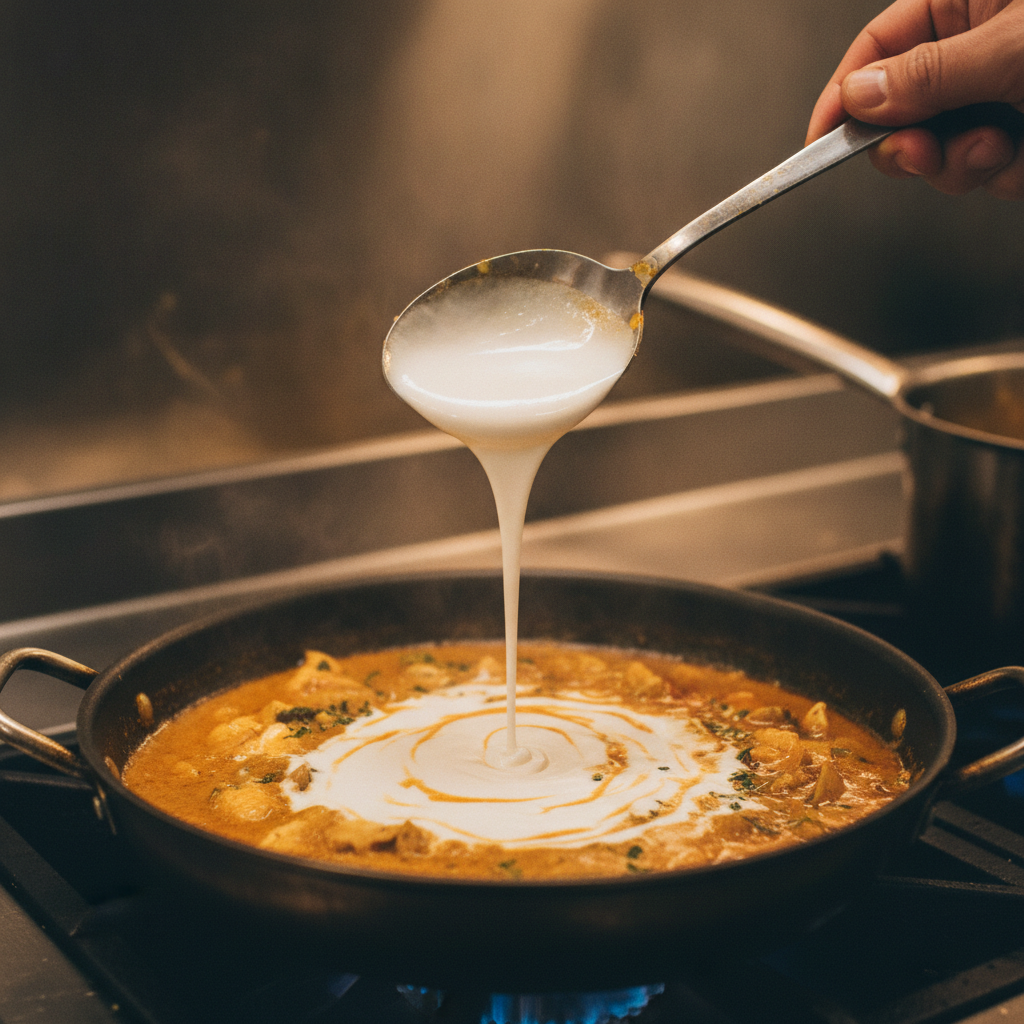 coconut cream layer being incorporated into curry sauce coconut cream layer being incorporated into curry sauce