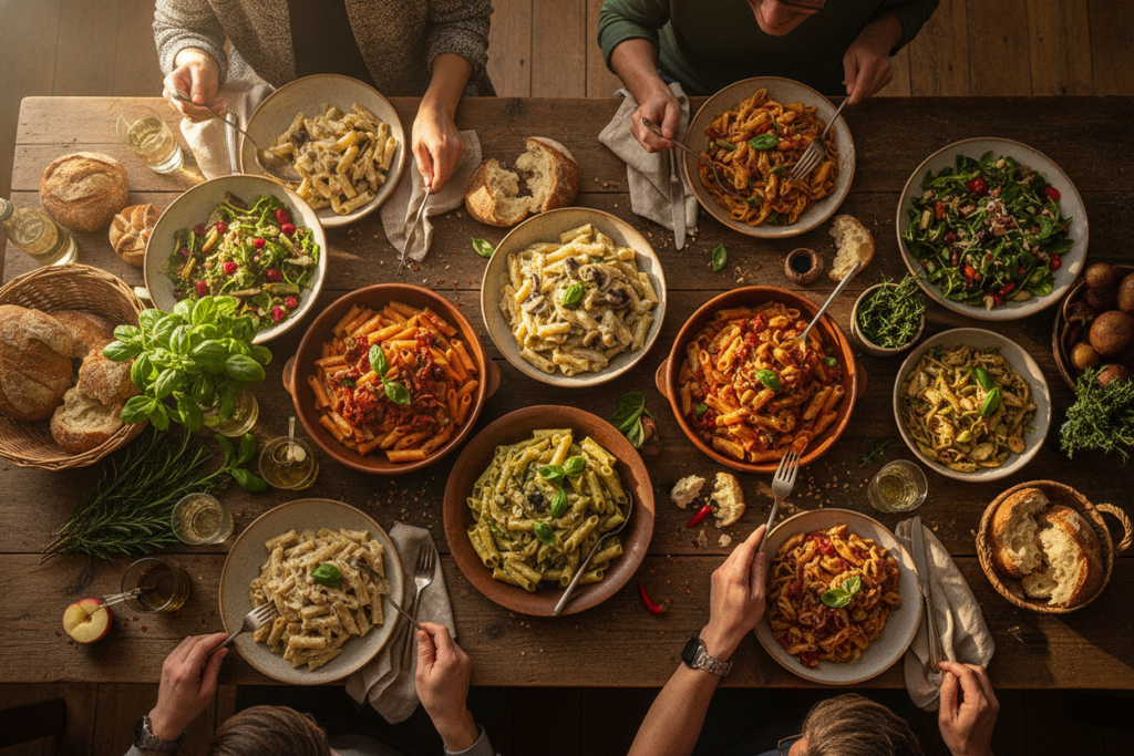 collection of vegan pasta dishes on dinner table collection of vegan pasta dishes on dinner table