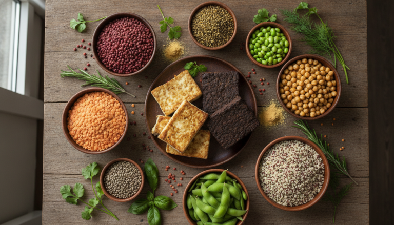 colorful array of high protein vegan foods including tofu tempeh lentils chickpeas quinoa and hemp seeds arranged on wooden table