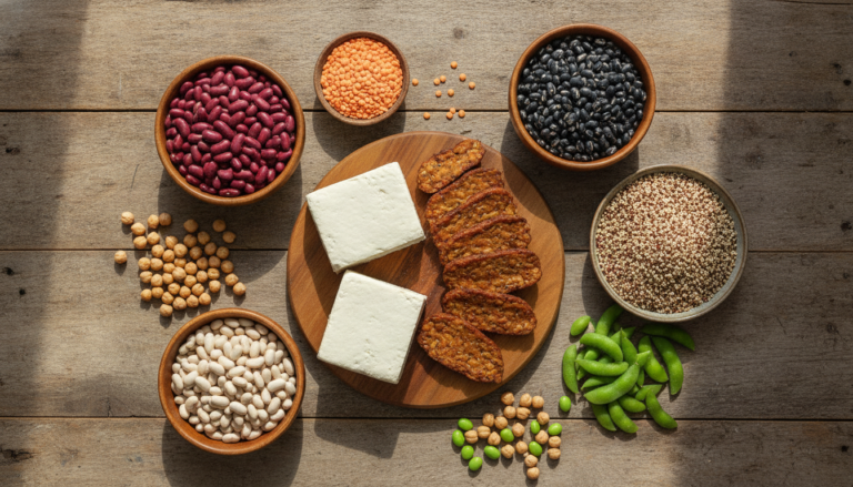 colorful array of vegan high protein ingredients including tofu, tempeh, beans, lentils, and quinoa arranged on a wooden table