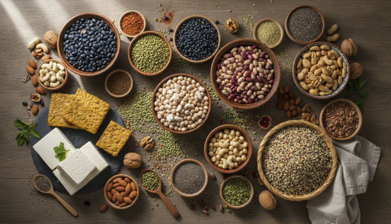 colorful array of vegan protein sources including beans, lentils, nuts, seeds, tofu, and quinoa arranged on a wooden table