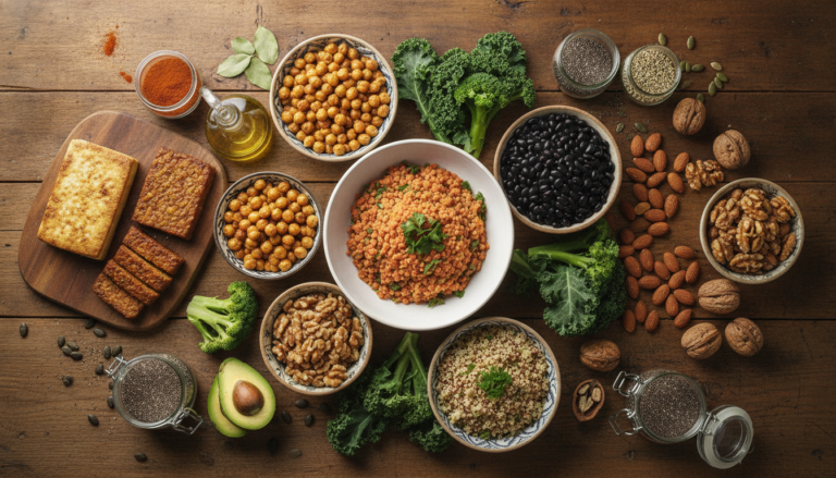 colorful array of vegan protein sources including legumes, nuts, seeds, and grains arranged on a wooden table