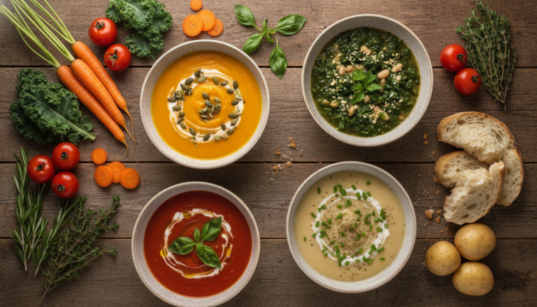 colorful array of vegan soup bowls with fresh vegetables and herbs