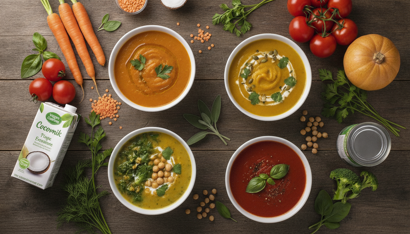 colorful array of vegan soup recipes in ceramic bowls on rustic wooden table