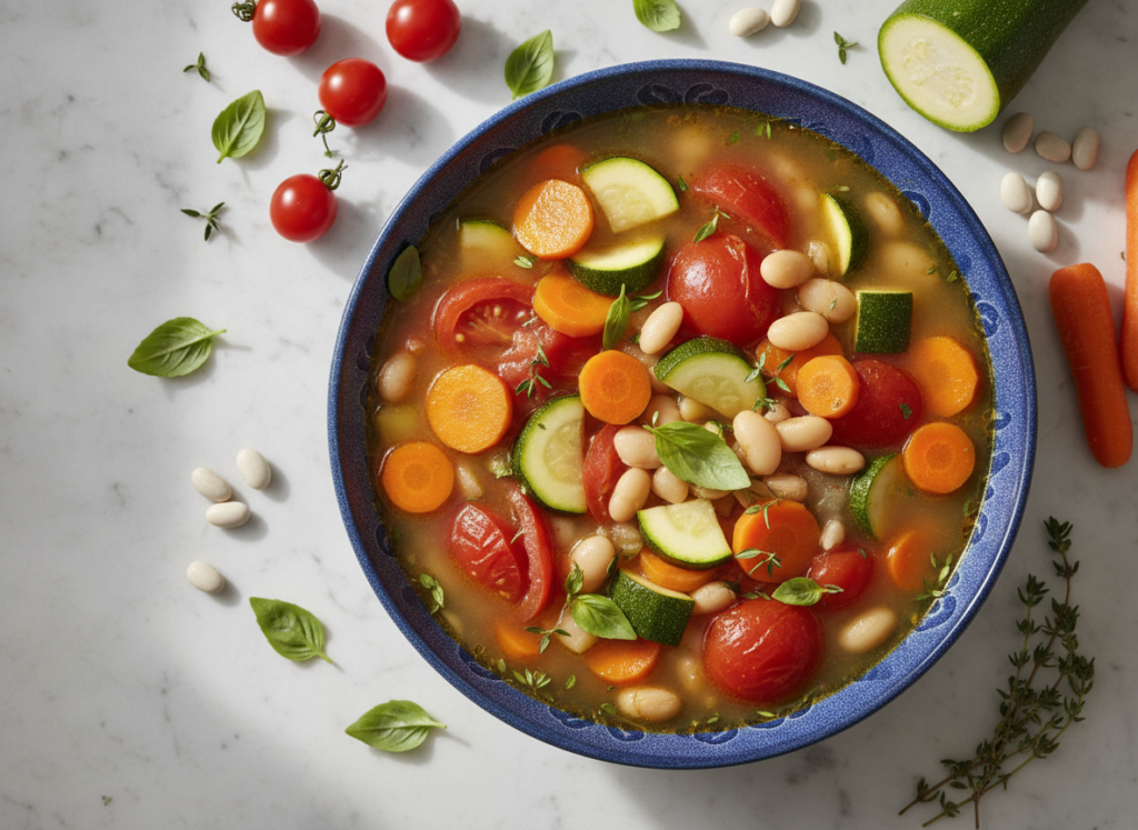 colorful garden vegetable soup with fresh herbs