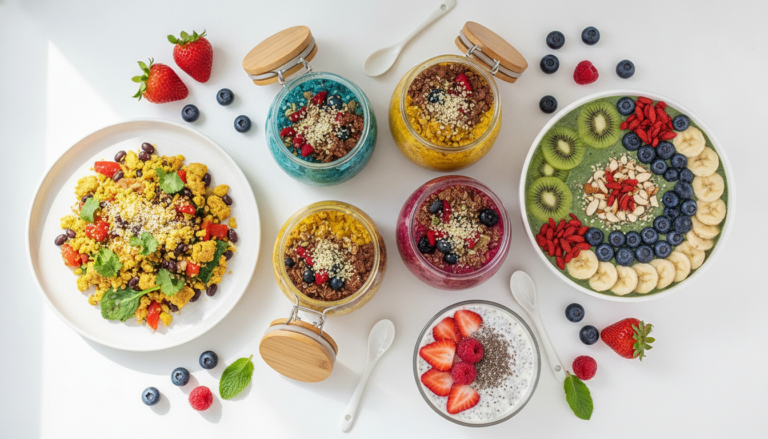 colorful high protein vegan breakfast spread with overnight oats, tofu scramble, and fresh fruit