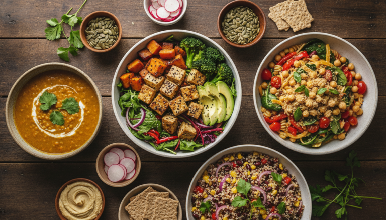 colorful high protein vegan meals arranged on a wooden table