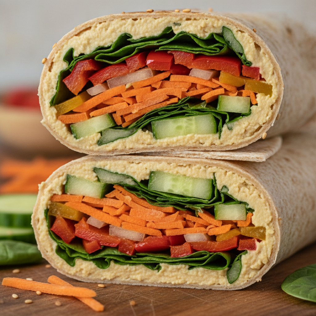colorful hummus wrap with fresh vegetables colorful hummus wrap with fresh vegetables