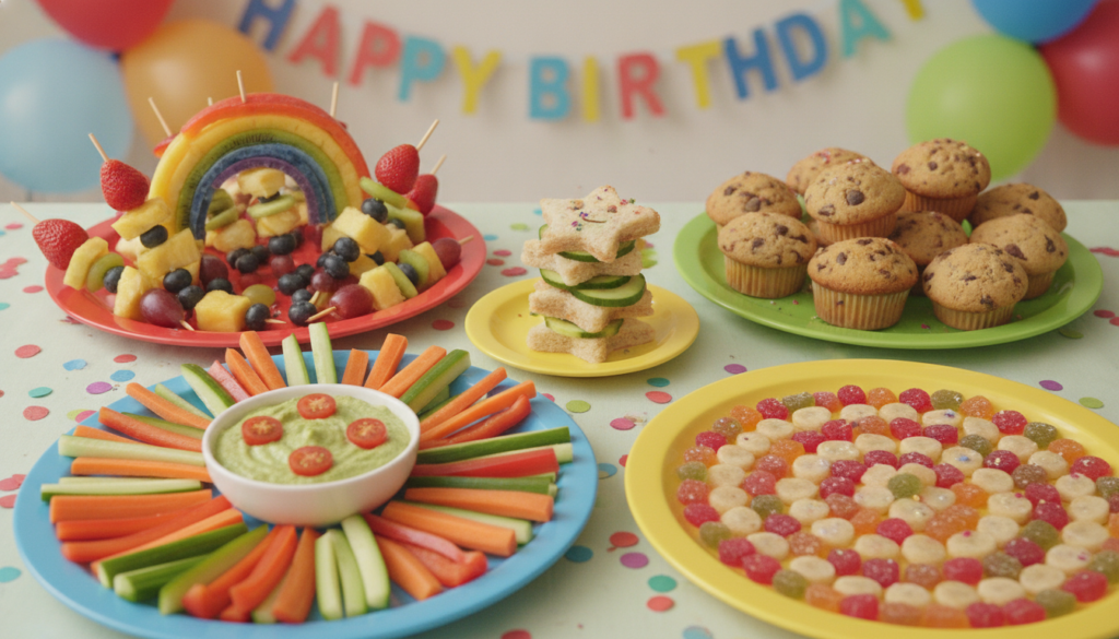 colorful kid-friendly vegan party snacks arranged playfully colorful kid-friendly vegan party snacks arranged playfully