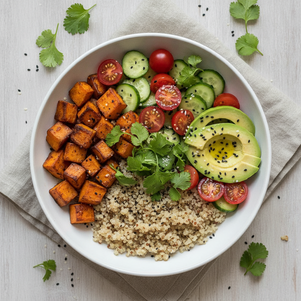 colorful quinoa bowl with vegetables and herbs colorful quinoa bowl with vegetables and herbs