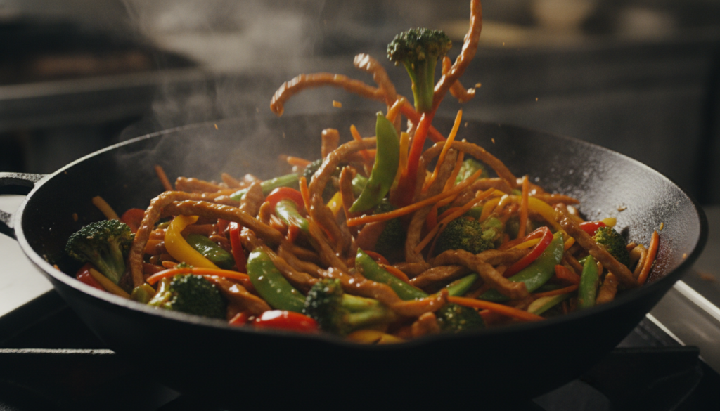 colorful seitan stir fry in wok colorful seitan stir fry in wok