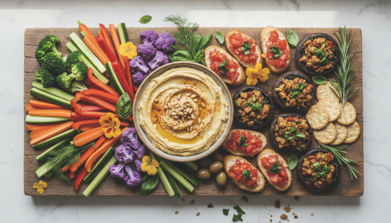 colorful spread of vegan appetizers on rustic wooden board