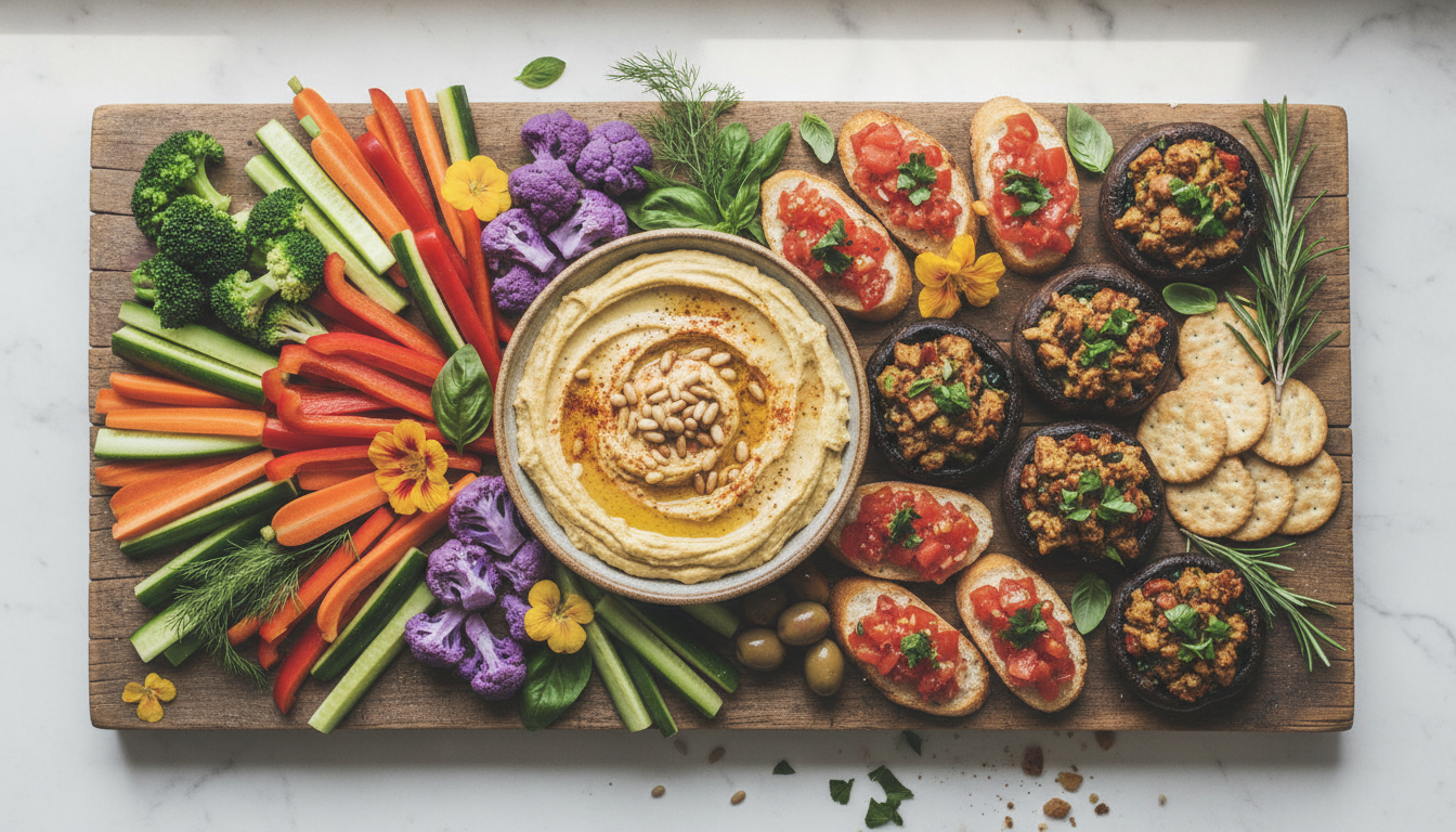 colorful spread of vegan appetizers on rustic wooden board