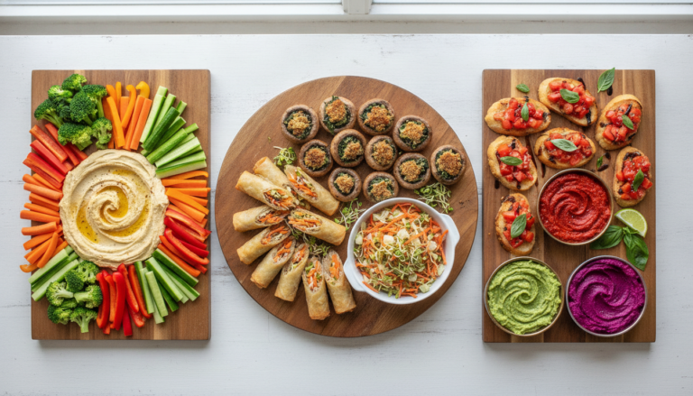 colorful spread of vegan party food appetizers on wooden serving boards