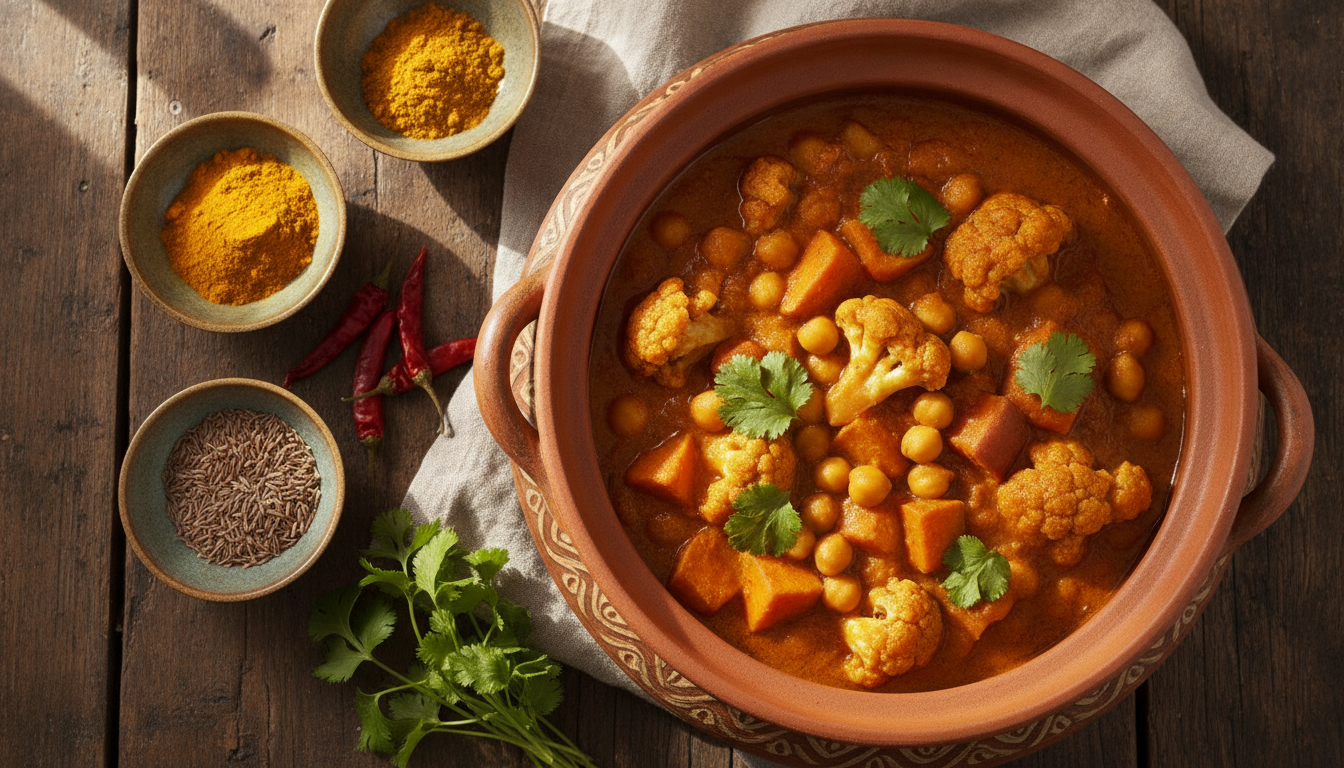 colorful vegan curry in a rustic pot with aromatic spices and fresh herbs on a wooden table