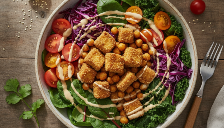 colorful vegan high protein meal bowl with tofu chickpeas and vegetables
