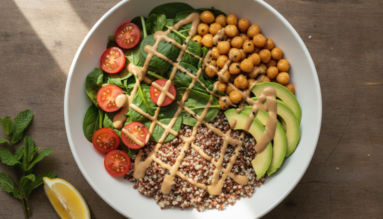 colorful vegan lunch bowl with fresh vegetables and grains
