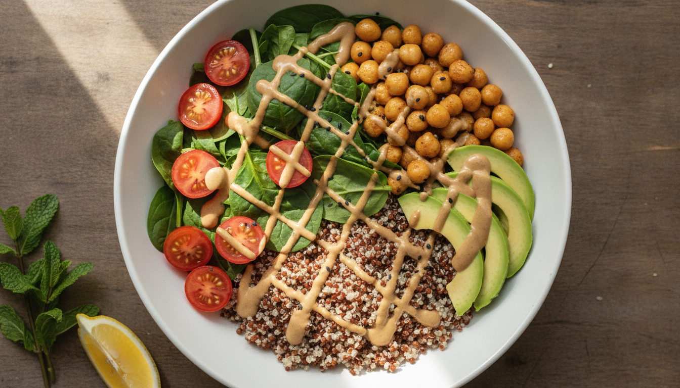 colorful vegan lunch bowl with fresh vegetables and grains