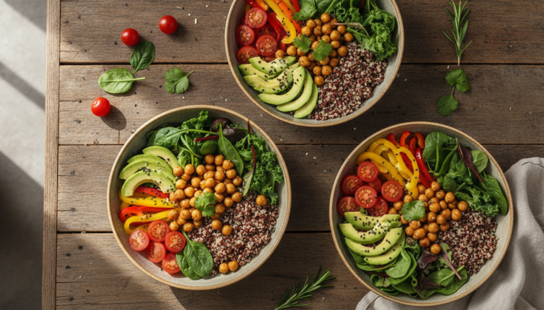 colorful vegan lunch bowls with quinoa chickpeas and fresh vegetables arranged on wooden table