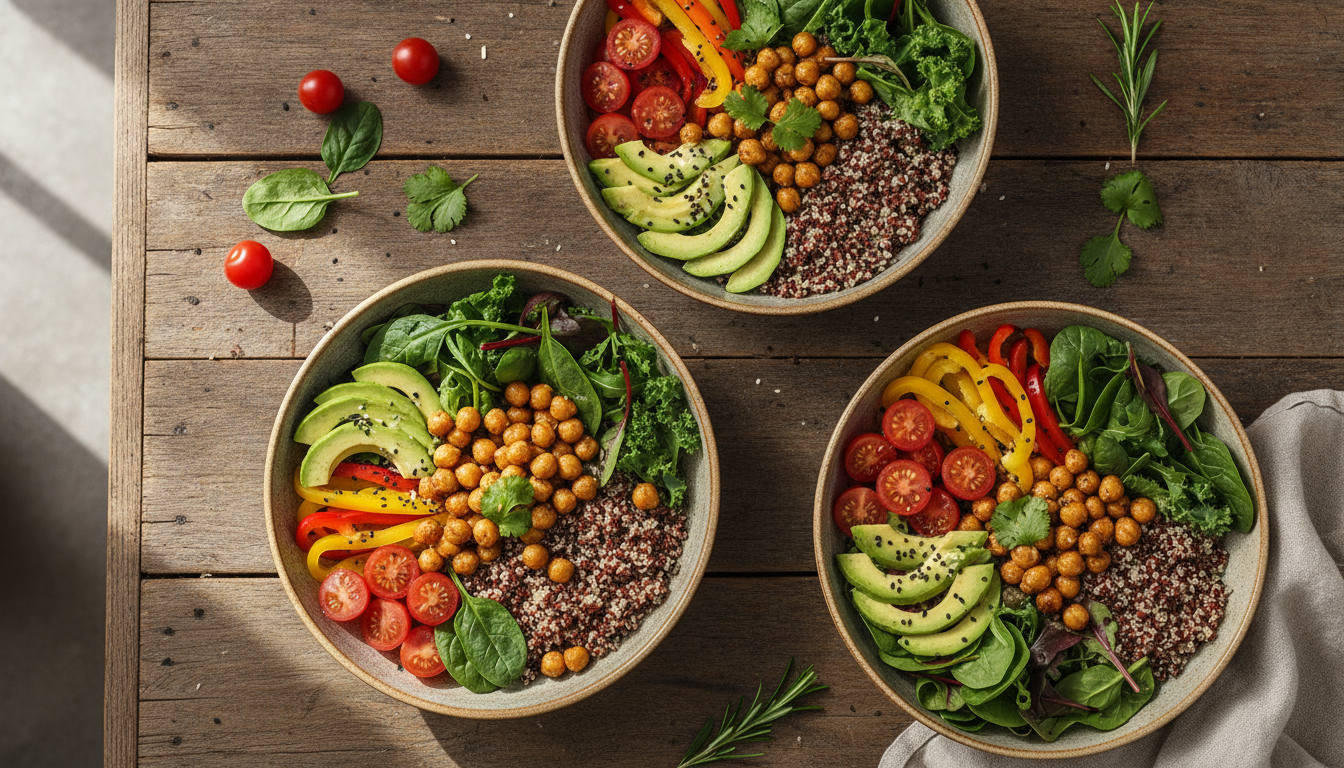 colorful vegan lunch bowls with quinoa chickpeas and fresh vegetables arranged on wooden table