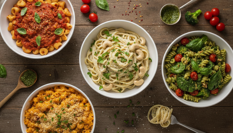 colorful vegan pasta dishes arranged on a rustic wooden table