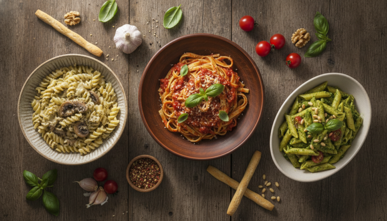 colorful vegan pasta recipes displayed on rustic wooden table with fresh herbs
