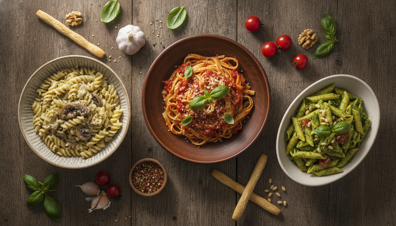 colorful vegan pasta recipes displayed on rustic wooden table with fresh herbs